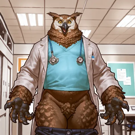 by Anhes, by Taran Fiddler, by TOTO(inax), Great Horned Owl, solo, male, owl, avian, elderly male, mature male, black beak, fat, chubby, brown feathers, yellow amber eyes, laughing, round glasses, feather eyebrows, fluffy feathers, black talons, wide hips,...