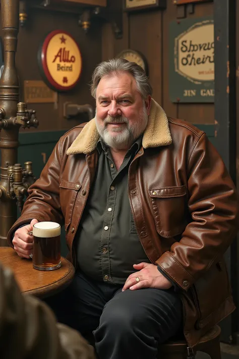 a 65 year old 350 pound overweight man wearing a vintage 1960s brown leather bomber jacket with shearling collar, the jacket has heavy staining wrinkles and scratches from dust and wear, sitting at a rustic wooden bar in a dimly lit pub, holding a large be...