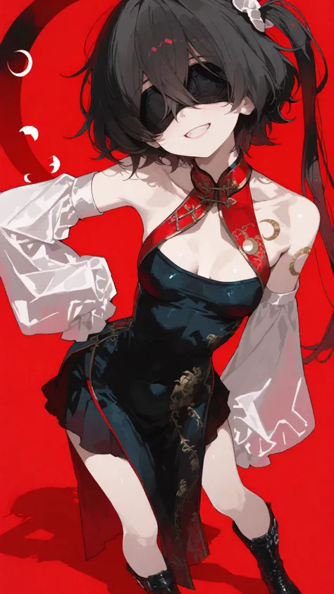 Blind Girl,long hair,sideponytail over left ,Black blindfold fabric,standing,Light Tan Skin ,red background, Middle breasts,Milf, Halter neck breasts,Chinese dress,smile,Grit your teeth,White sleeves,Skirt with a short top,Black Color Set,Leather boots,WHI...