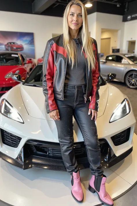 a 36 year old woman stands inside of an automotive showroom on a pedestal with a Corvette E-Ray 2024 in white and pink, the woman wears a red and black leather jacket from the 1970s the 1970swornbluwhtcfrcrjtk is heavily worn and has wrinkles and dust stai...