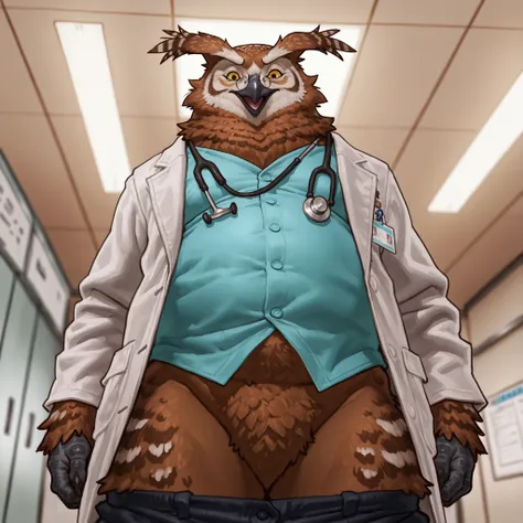 by Anhes, by Taran Fiddler, by TOTO(inax), Great Horned Owl, solo, male, owl, avian, elderly male, mature male, black beak, fat, chubby, brown feathers, yellow amber eyes, laughing, round glasses, feather eyebrows, fluffy feathers, black talons, wide hips,...