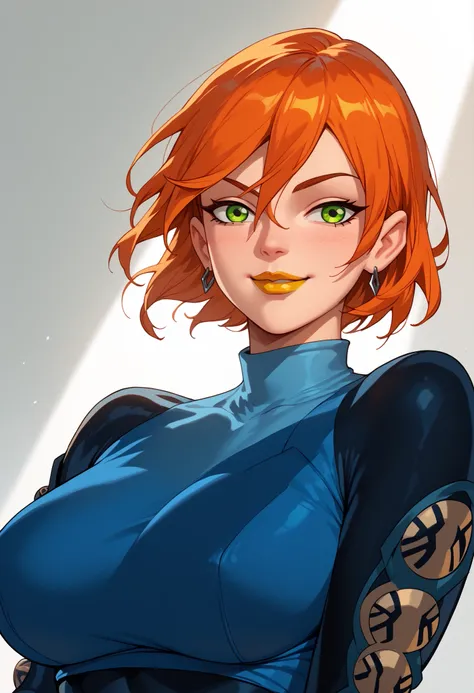 woman, green eyes, orange hair, big breasts, anime style, yellow lipstick, Gwen, white skin, sensual smile 