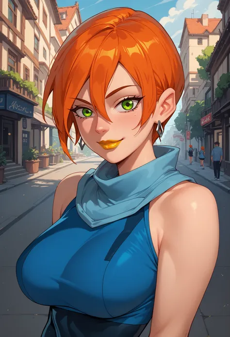 woman, green eyes, orange hair, big breasts, anime style, yellow lipstick, Gwen, white skin, sensual smile 