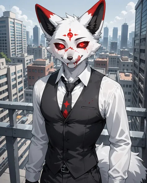  ghoul eyes, red eyes, glowing, colored sclera, black sclera, furry, male skinny white fox, white fur, gay, city rooftop, random fur colors, random body designs, random styles, round eyes, white long sleeves, black vest, ghoul tails, horror, blood on lips,...