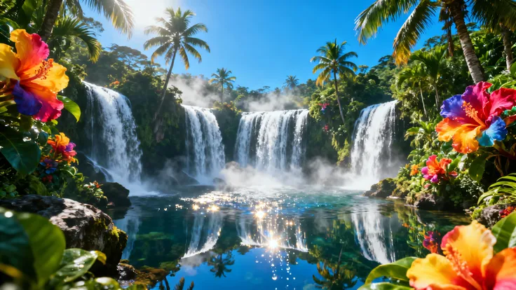 A hyper-realistic aerial Canon EOS R5 photograph of a spectacular tropical waterfall scene, main waterfall in the center with three massive cascading streams, surrounded by smaller waterfalls on the sides, lush tropical forest with gigantic, vividly colore...