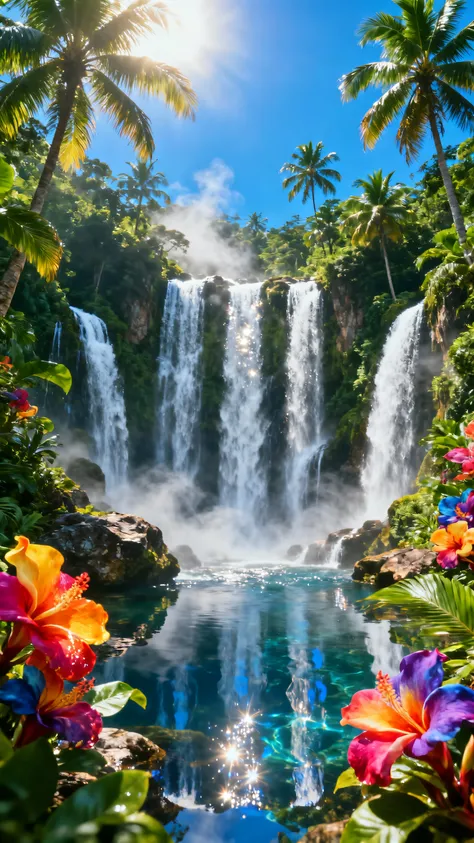 A hyper-realistic aerial Canon EOS R5 photograph of a spectacular tropical waterfall scene, main waterfall in the center with three massive cascading streams, surrounded by smaller waterfalls on the sides, lush tropical forest with gigantic, vividly colore...