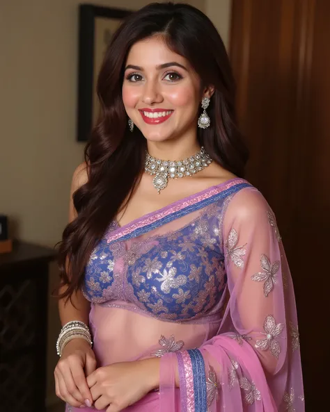 ashk, Full body image of a 20-year-old Indian girl with smiling look, fair skin tone, light grey eyes, fox eyelashes, thin eyebrows, black eye liner, silver eyeshadow, natural blush, and red lipstick. Her hairs are long, brown, wavy. She is wearing a butte...