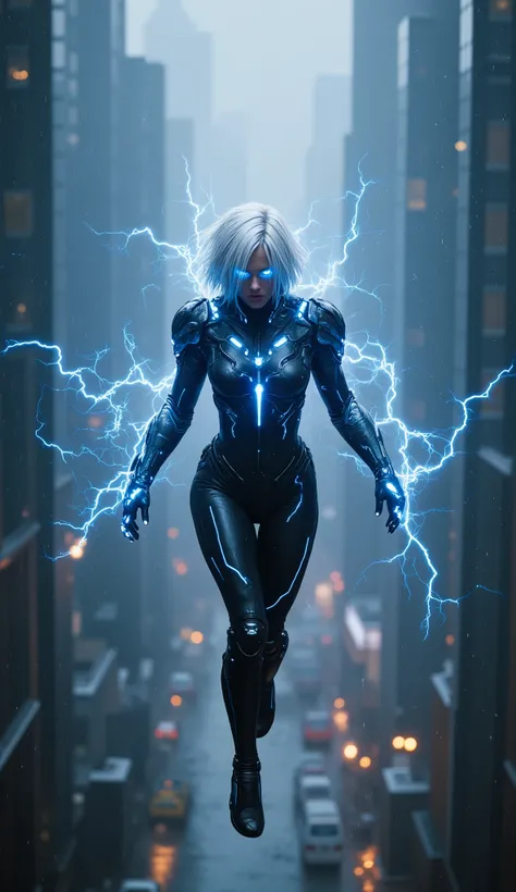 Full-body female mutant in cyberpunk armor, inspired by Storm. Her short white hair glows with electric blue streaks, eyes shining with neon energy. Lightning tattoos trace her arms and neck, pulsing in rhythm with her heartbeat. She levitates mid-air abov...