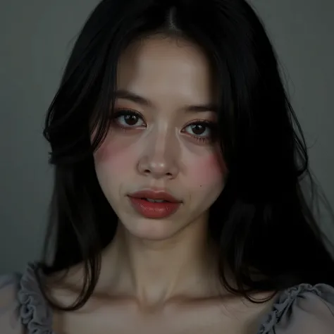 Film-style  photography, beautiful  girl with dark eyeshadow and eyeliner, red lips, long wavy hair, gray background, studio lighting, dslr, soft lighting, high quality, film grain,  light reflections, blood vessels,  pale skin, skin pores, blood vessels i...