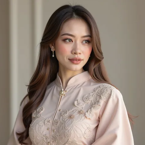 hyper HD, Masterpiece, Textured skin, 8K, Best quality of potrait a Beautiful hijab asian woman white fairy skin wearing kebaya outfit  , perfect veil hijab muslimah style, detail scarf , close-up half body , happy vibes, beauty smile open mouth showing te...