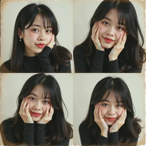 Use 100% of my facial features
Use this photo as a reference to create a vintage collage square, 4, with an authentic retro film look: faded tones, pastels, creamy whites, film grain, dust, scratches, dreamy morning light. Subject wearing a black long-slee...