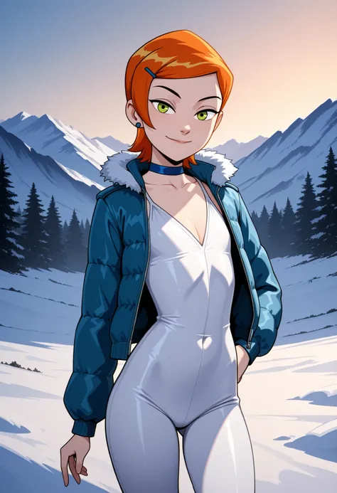 Gwen Tennyson . ginger . short hair . green eyes . flat breasts, flat chest, huge hips . slim body . choker . |  Cowboy shot, , looking at viewer, , best quality, good quality, absurdres , lpluka, winter jacket, bodysuit, snowy mountains, bodysuit, cleavag...