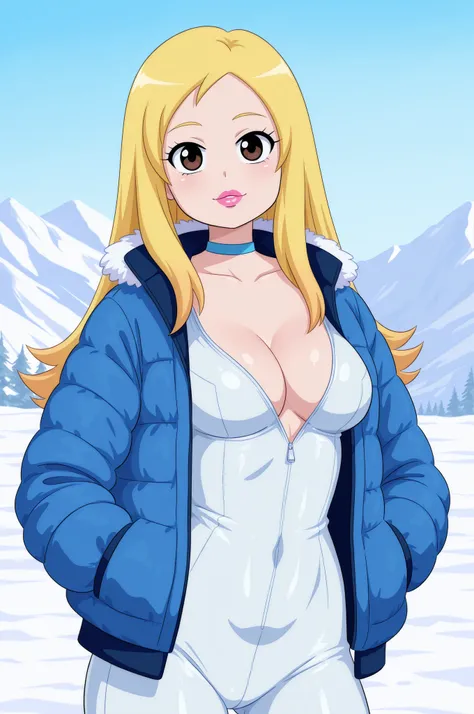 Francine Smith, looking at viewer, pink lipstick, choker, Blonde hair, small saggy breasts. long hair. blonde hair, |  Cowboy shot, , looking at viewer, , best quality, good quality, absurdres , lpluka, winter jacket, bodysuit, snowy mountains, bodysuit, c...