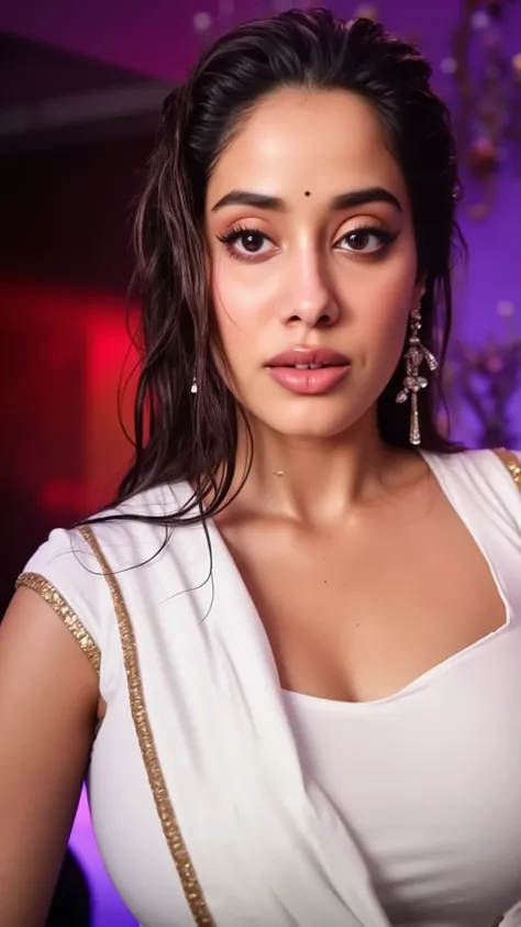 A person with wet, dark hair is dressed in a white garment with gold and black accents that create an elegant, traditional look. The fabric drapes over the shoulder and is pinned with intricate detailing. The backdrop is a striking contrast of vivid red an...