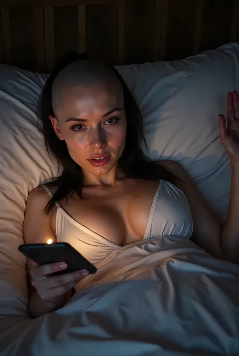 A beautiful completely bald woman in her late twenties lying in bed at night, ((her head is absolutely hairless, her scalp is perfectly smooth with pale detailed skin)), dark brown eyes, large breasts and cleavage, wearing a white V-cut camisole, looking ...