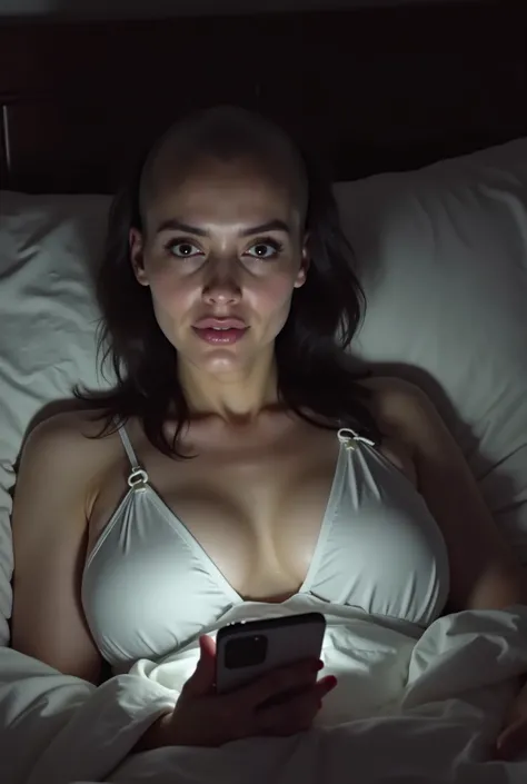 A beautiful completely bald woman in her late twenties lying in bed at night, ((her head is absolutely hairless, her scalp is perfectly smooth with pale detailed skin)), dark brown eyes, large breasts and cleavage, wearing a white V-cut camisole, looking ...