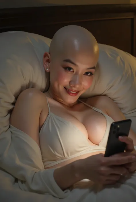 A beautiful completely bald woman in her late twenties lying in bed at night, ((her head is absolutely hairless, her scalp is perfectly smooth with pale detailed skin)), dark brown eyes, large breasts and cleavage, wearing a white V-cut camisole, looking ...