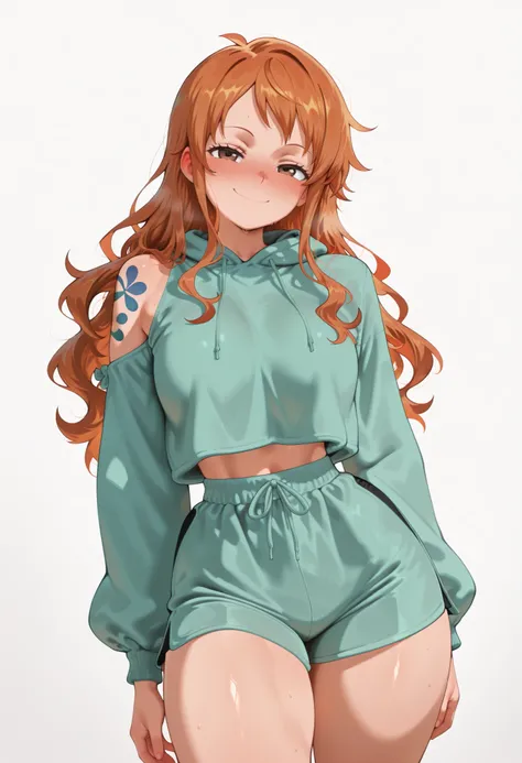 masterpiece, best quality, amazing quality, 1girl, solo, nami_post, orange hair, long hair, wavy hair, side locks, brown eyes, shoulder tattoo, arms at behind, looking at viewer, contrapposto, thick thigh, thick thighs, nose blush, shiny legs, shiny body, ...