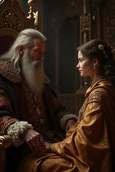 The old king is in the throne room talking with the young princess. Intricate details and cinematic lighting