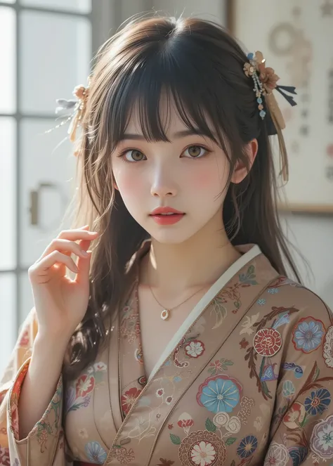cuteloli,((最High Quality、masterpiece、high sensitivity、high definition、detailed instructions、Delicate Depiction、Fvalue:4.0)),(( kimono、Kimono beauty、Japanese woman、16 years old、cowboy shot)),(New Year、up hair、hairpin、Beautiful girl wearing Japanese furunose...