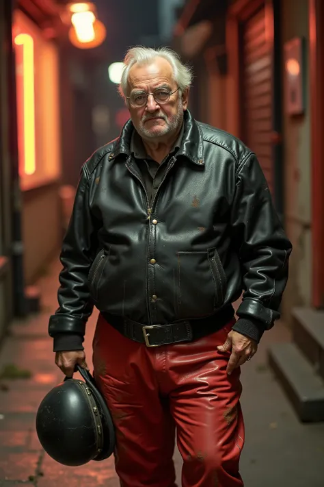 An elderly man in his 60s with a stocky build, wearing a vintage 1960s brit1960smoto black leather british bomber jacket with extensive scratches wrinkles and dust stains from wear, standing in a neon-lit urban alley at night, holding a classic motorcycle ...