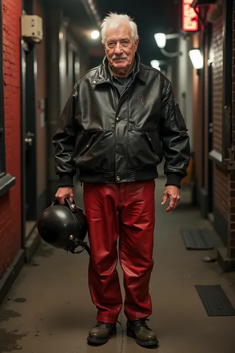 An elderly man in his 60s with a stocky build, wearing a vintage 1960s brit1960smoto black leather british bomber jacket with extensive scratches wrinkles and dust stains from wear, standing in a neon-lit urban alley at night, holding a classic motorcycle ...