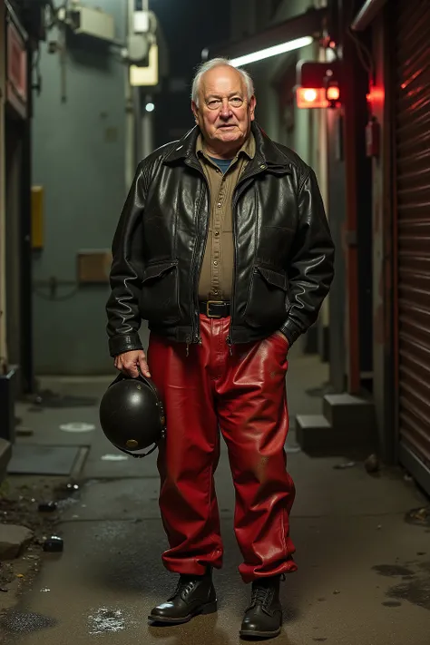 An elderly man in his 60s with a stocky build, wearing a vintage 1960s brit1960smoto black leather british bomber jacket with extensive scratches wrinkles and dust stains from wear, standing in a neon-lit urban alley at night, holding a classic motorcycle ...