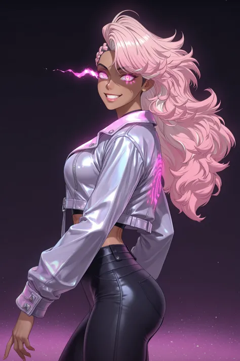 masterpiece, good quality, best quality, very awa, very as2, absurdres, highres, 3d, pink sura, from side, looking at viewer, shaded face, p
 Seojin, toned female, dark-skinned female, long hair, pink hair, side cut, braid, yellow eyes, (glowing pink eyes:...