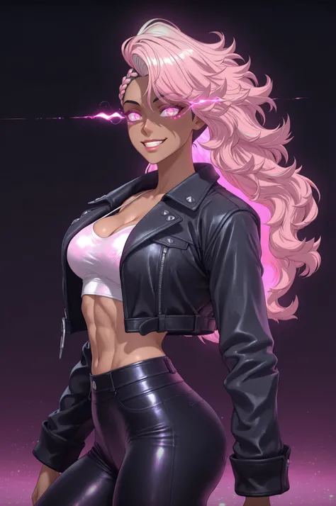 masterpiece, good quality, best quality, very awa, very as2, absurdres, highres, 3d, pink sura, from side, looking at viewer, shaded face, p
 Seojin, toned female, dark-skinned female, long hair, pink hair, side cut, braid, yellow eyes, (glowing pink eyes:...