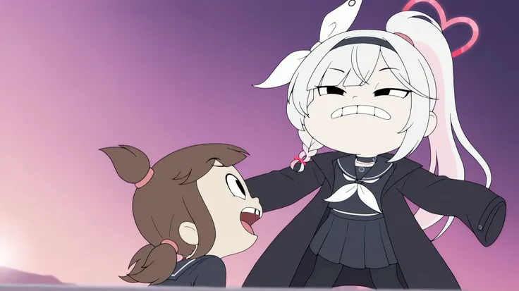 2girls, plana \(blue archive\) black eyes,long hair, white hair,braid,bow hairband,heart halo,choker,black serafuku,sailor collar,black long coat, black skirt, black pantyhose, | a_ey, missing tooth, black eyes, brown hair, bangs, ponytails, high ponytail,...