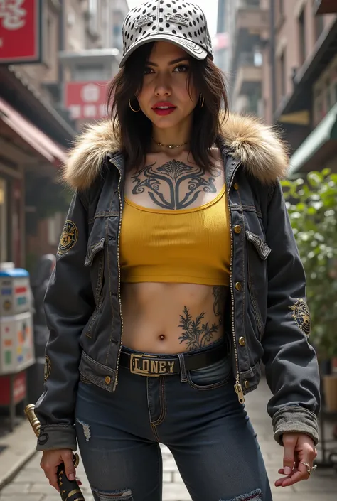 A photorealistic, highly detailed digital painting of a female character inspired by Trafalgar Law (gender-bent). She has black tribal tattoos on her chest and hand. She wears a yellow crop top, open, fur-collared dark denim jacket, and fitted jeans. She h...