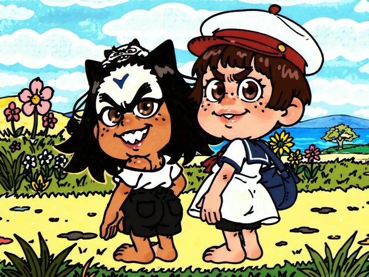 masterpiece, newest,absurdres, incredibly absurdres, 0_11Xx_B,(surreal:1.5), 1girl (freckles), ((natural color scheme unibrow, unibrow)), huge two gaped-bucktooth face), outdoors, solo, hat, sailor girl, white dress, black hair, scenery, short hair, flower...