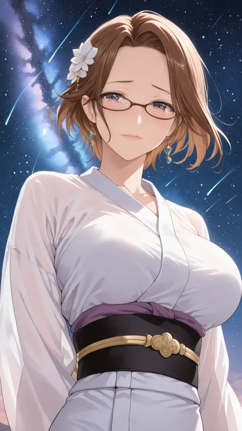 solo, tomoe (accelerando), purple eyes, brown hair, short hair, glasses, mature woman, Tight waist、Small waist、shiny Skin , (upper body), sexy, (adult woman, 25+), score_9, score_8_up, score_7_up, source_anime,(extremely detailed CG), (best quality), Beaut...