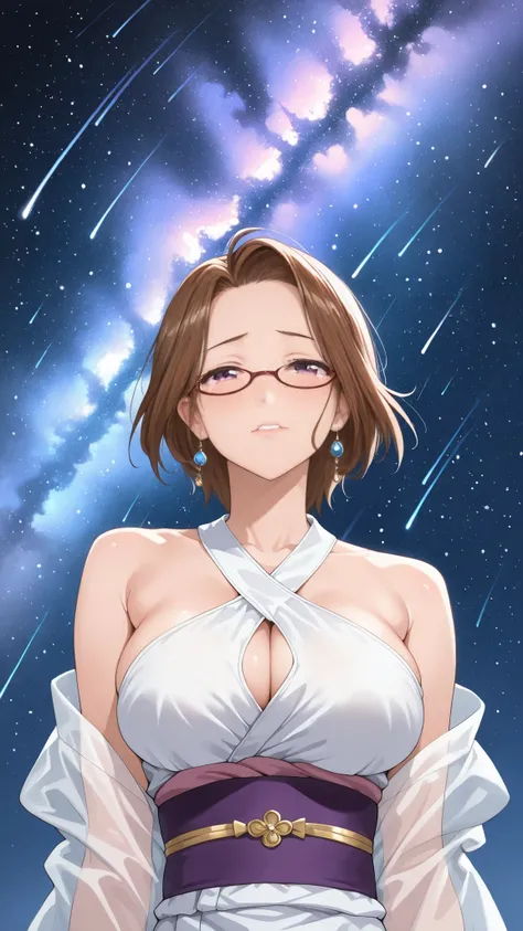 solo, tomoe (accelerando), purple eyes, brown hair, short hair, glasses, mature woman, Tight waist、Small waist、shiny Skin , (upper body), sexy, (adult woman, 25+), score_9, score_8_up, score_7_up, source_anime,(extremely detailed CG), (best quality), Beaut...