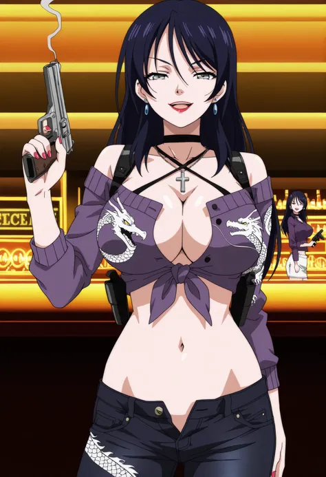 masterpiece, best quality, amazing quality,,  yuri kotobiki, long hair, black hair, grey eyes, mature female, , anime screencap, off shoulder, sweater, purple sweater, skirt, white skirt,,  nail polish, ear piercing, long hair, , lipstick,Hot girl, baddie,...