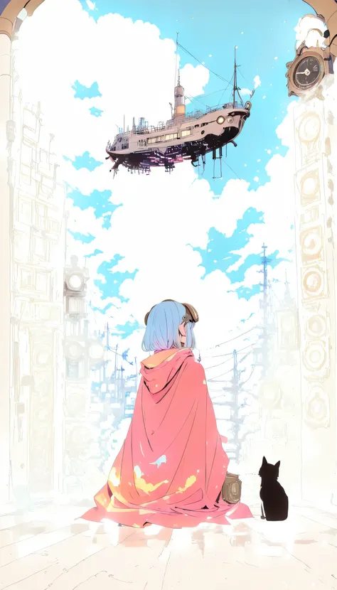 (double exposure:1.5),(Her cloak is a double-exposure effect that depicts the magical world of Lassen's designs.:1.5),(Cloak close up:1.3)(A girl is sitting on the clock hands of a large clock in a clock tower),1girl,shampoo \(Ranma 1/2\),(beautiful girl:1...