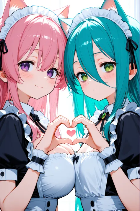 2girl, character focus, close to viewer, from side, upper body, ((A girl with cat ears and a girl without cat ears)), ((girlB with a not cat ears)), heart hands duo, maid dress, wrist cuffs, smile, 〈girlA on the left: 153cm_tall, pink hair, purple eyes, lo...