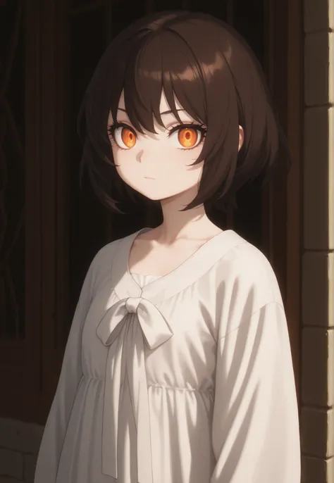 Masterpiece, top quality, newest, safe, good anatomy, good resolution, good lighting. Beautiful, anime. Dark brown, short hair. Intense orange eyes. Black eyelashes, fair skin. She is an adorable girl. She is 1.40 meters tall and 10 years old. Looking at t...