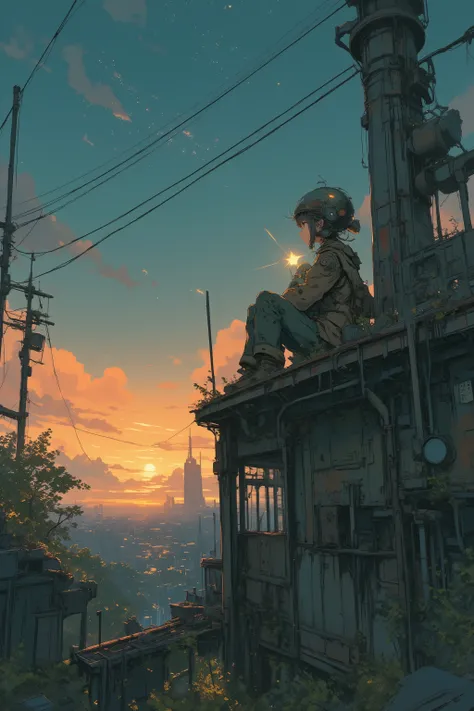 (masterpiece), (best quality), anime illustration,
a young mechanic sitting on the roof of an abandoned observatory,
hugging a tiny robot shaped like a star, the last signal from a forgotten star blinking,
overgrown structures, sunset sky fading into early...
