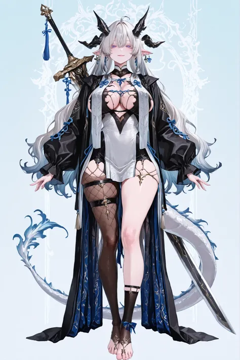   8k wallpaper、    top quality 、masterpiece,   748cm スThailandル   、sexy black bralette dress with fishnet top beneath,   woman 1 person、ribbon、piercings and earrings on her ears,  pointy elf ears, black ripped pelvic curtain dress、 cute black oversized coa...