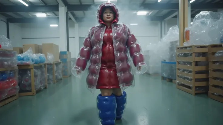 plasticinflcoat, a 41 year old 400 pound fat asian woman wears a plastic inflatable coat with a hood on it made of 50% translucent plastic over a red leather dress, the woman wears blue inflatable plastic boots, the woman is in a steamy factory, the woman ...