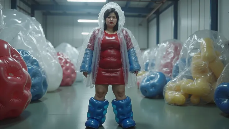 plasticinflcoat, a 41 year old 400 pound fat asian woman wears a plastic inflatable coat with a hood on it made of 50% translucent plastic over a red leather dress, the woman wears blue inflatable plastic boots, the woman is in a steamy factory, the woman ...