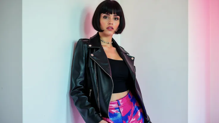 gbth70sjkt, a woman wears black shiny leather jacket with blue and pink sequin pants from the 1970s
