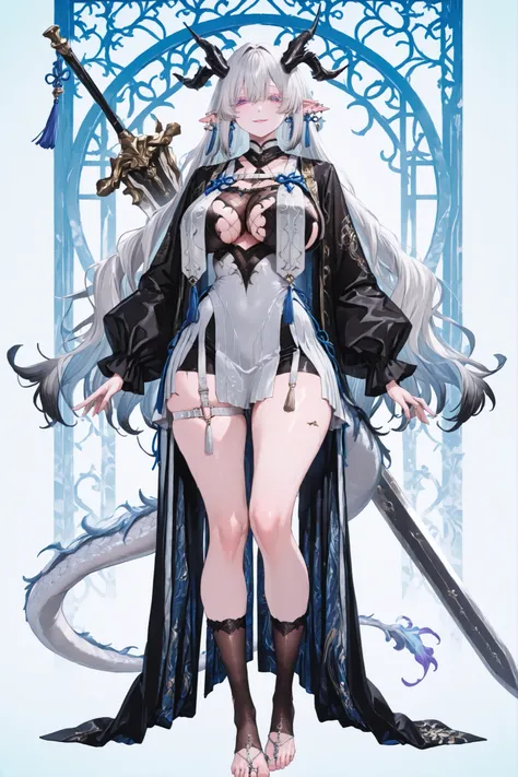   8k wallpaper、    top quality 、masterpiece,   748cm スThailandル   、sexy black bralette dress with fishnet top beneath,   woman 1 person、ribbon、piercings and earrings on her ears,  pointy elf ears, black ripped pelvic curtain dress、 cute black oversized coa...