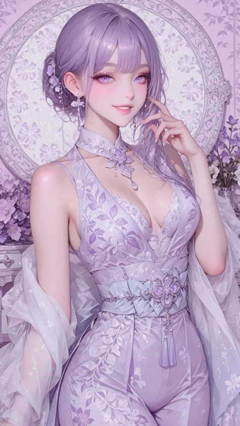 Girl, elegant, batik, hip, one hand up, pastel purple color, smile, seductive, allure