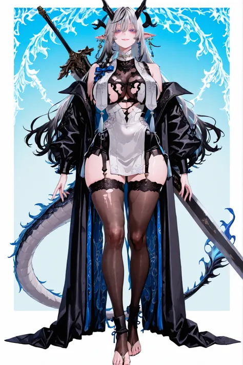   8k wallpaper、    top quality 、masterpiece,   748cm スThailandル   、sexy black bralette dress with fishnet top beneath,   woman 1 person、ribbon、piercings and earrings on her ears,  pointy elf ears, black ripped pelvic curtain dress、 cute black oversized coa...