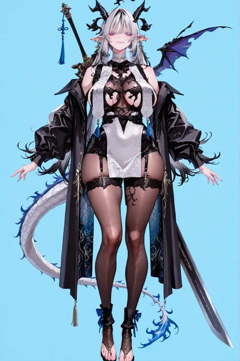   8k wallpaper、    top quality 、masterpiece,   748cm スThailandル   、sexy black bralette dress with fishnet top beneath,   woman 1 person、ribbon、piercings and earrings on her ears,  pointy elf ears, black ripped pelvic curtain dress、 cute black oversized coa...