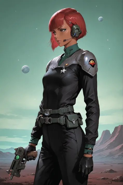 Masterpiece, highly detailed, 1girl, solo, beautiful woman, tall,  character, Star Trek (human female), Beautiful Asian Woman, Michiko Nishiwaki, short straight red hair, symmetrical hairstyle, hair parted in the middle, makeup, small breasts, tanned skin,...