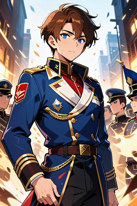 Christopher James Nelson(British teen male, Messy short brown hair, blue eyes, long face, slim, confident) wearing(unkept red gold white military coat) directing soldiers
