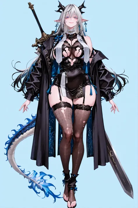   8k wallpaper、    top quality 、masterpiece,   748cm スThailandル   、sexy black bralette dress with fishnet top beneath,   woman 1 person、ribbon、piercings and earrings on her ears,  pointy elf ears, black ripped pelvic curtain dress、 cute black oversized coa...